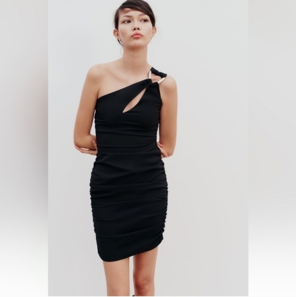 NWT ZARA Draped Black One Shoulder Mini Dress Sz M - Picture 1 of 15